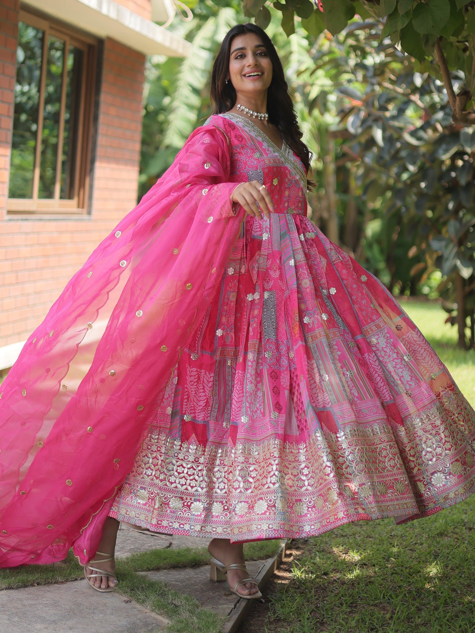 Fascinating Pink Digital Printed Silk Traditional Gown With Dupatta
