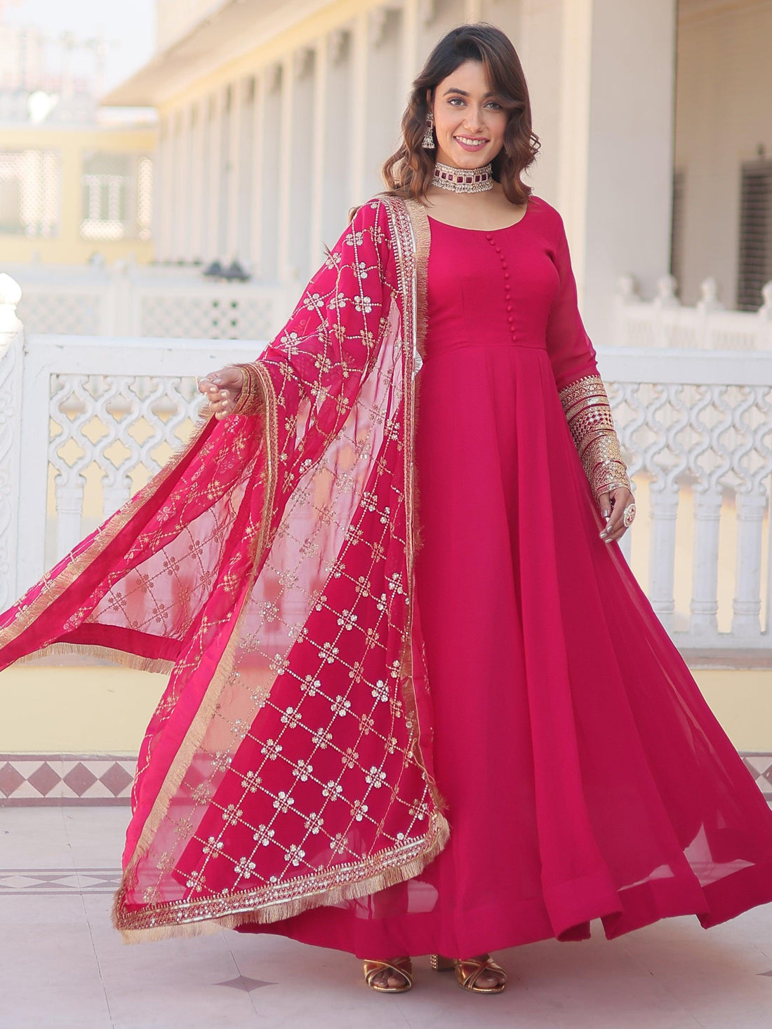 Captivating Rani Pink Georgette Traditional Gown With Dupatta