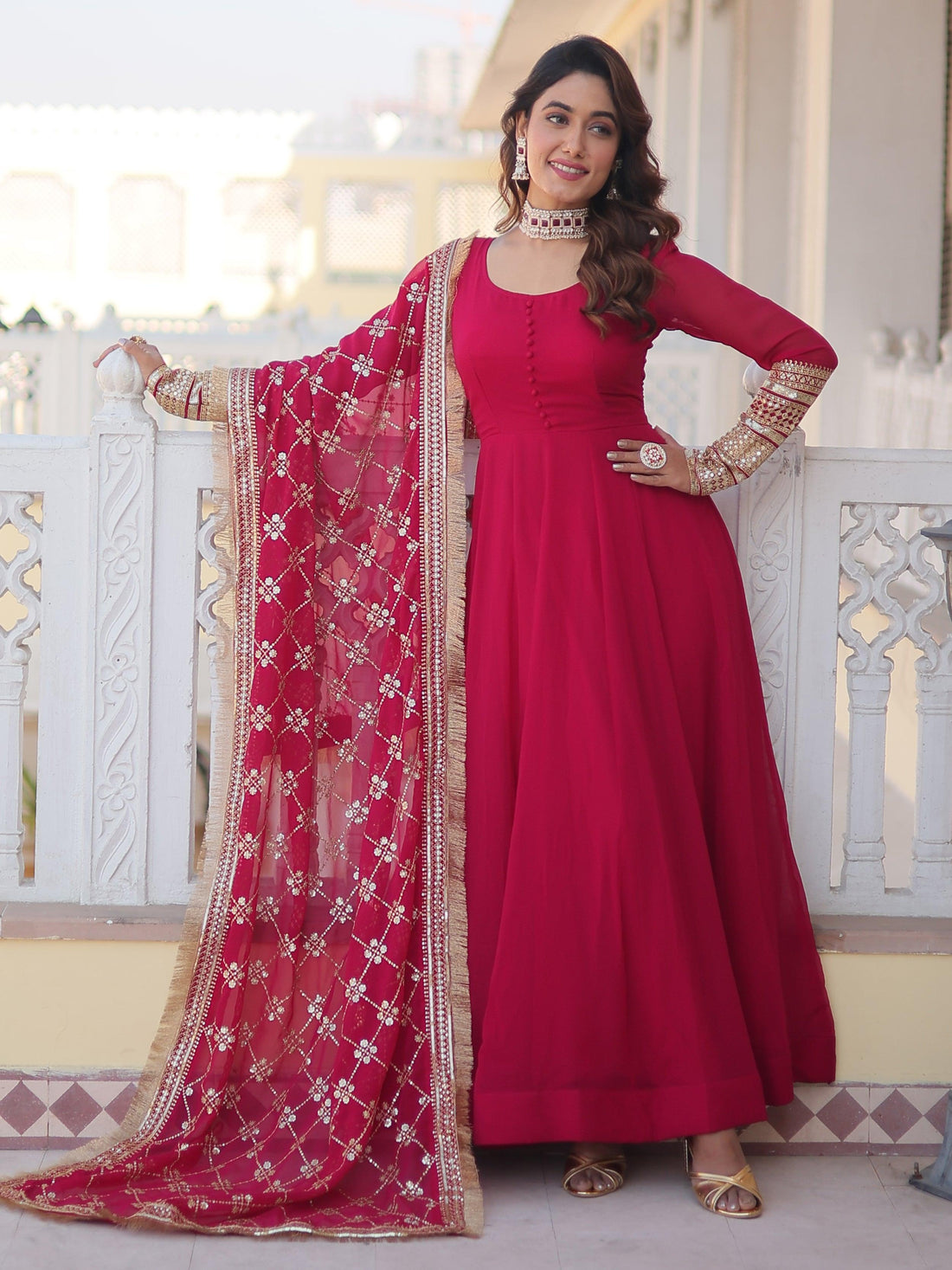 Captivating Rani Pink Georgette Traditional Gown With Dupatta