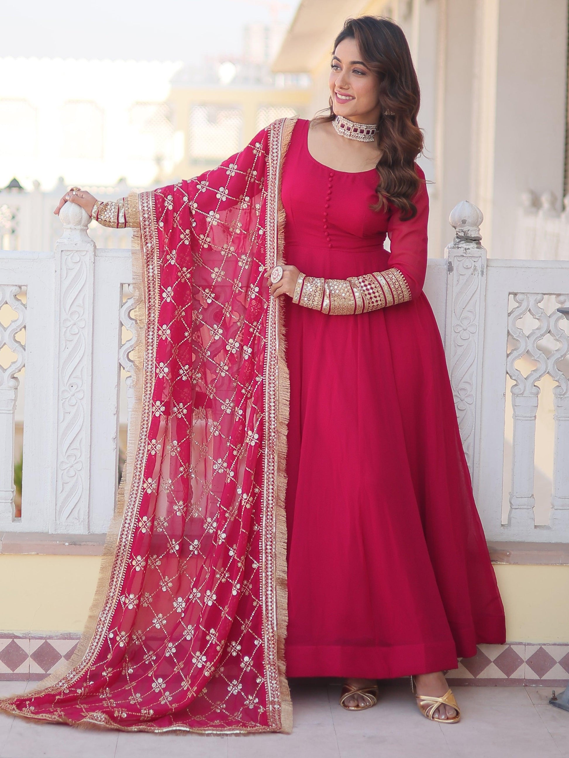 Captivating Rani Pink Georgette Traditional Gown With Dupatta