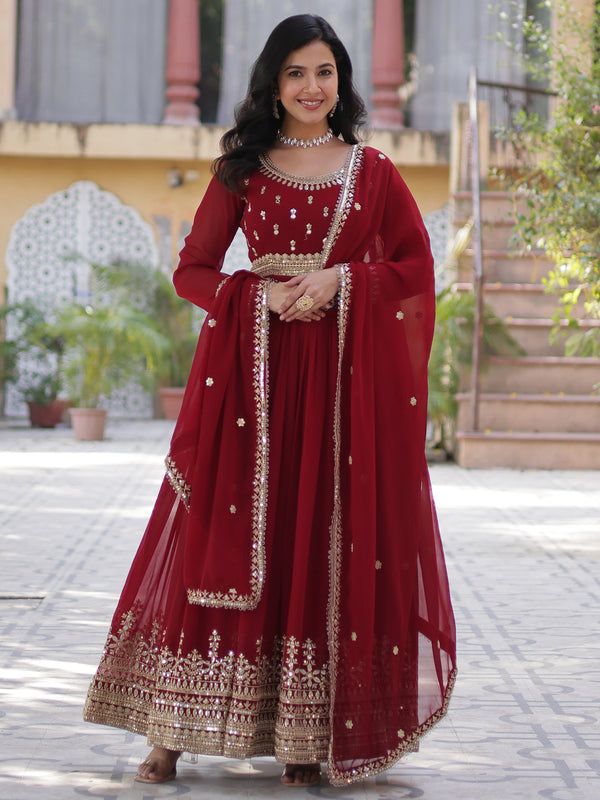 Gorgeous Maroon Zari Embroidered Georgette Wedding Wear Gown