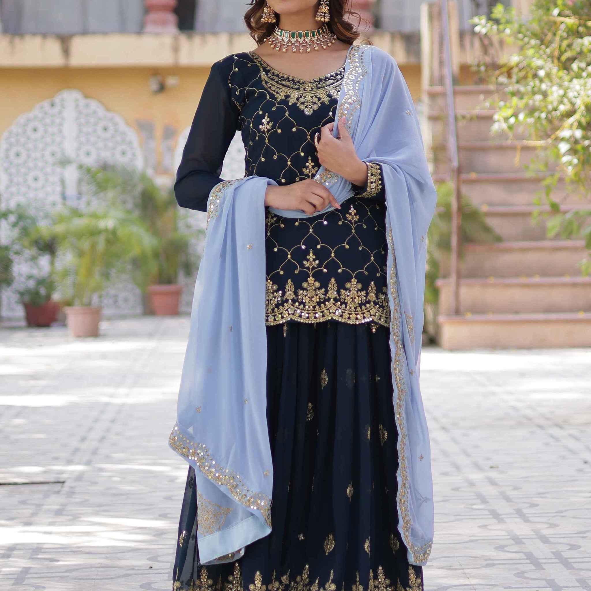 Stunning Blue Sequins Georgette Festival Wear Sharara Suit