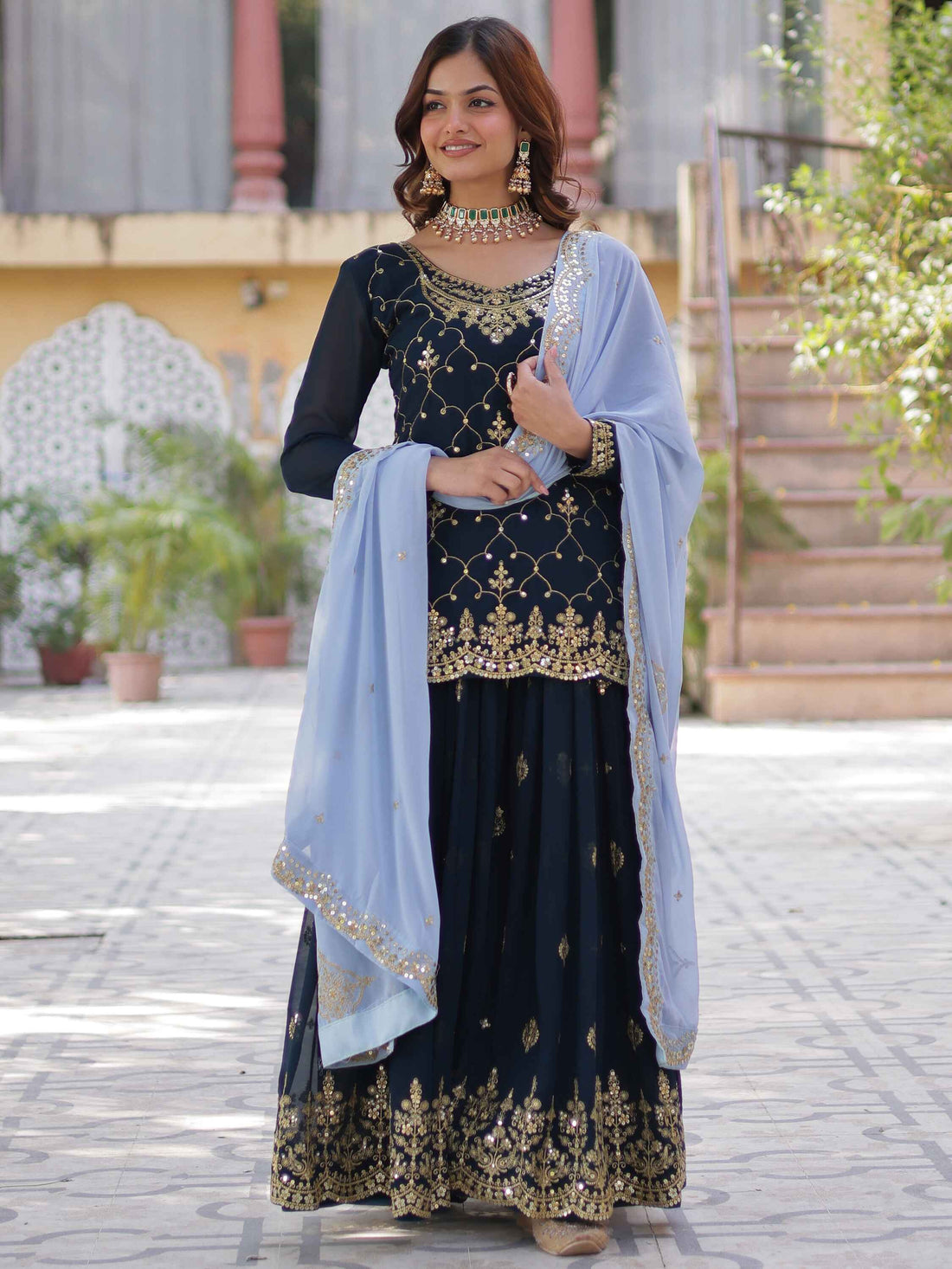 Stunning Blue Sequins Georgette Festival Wear Sharara Suit
