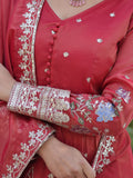 Dazzling Coral Red Zari Work Viscose Festival Wear Gown WithDupatta