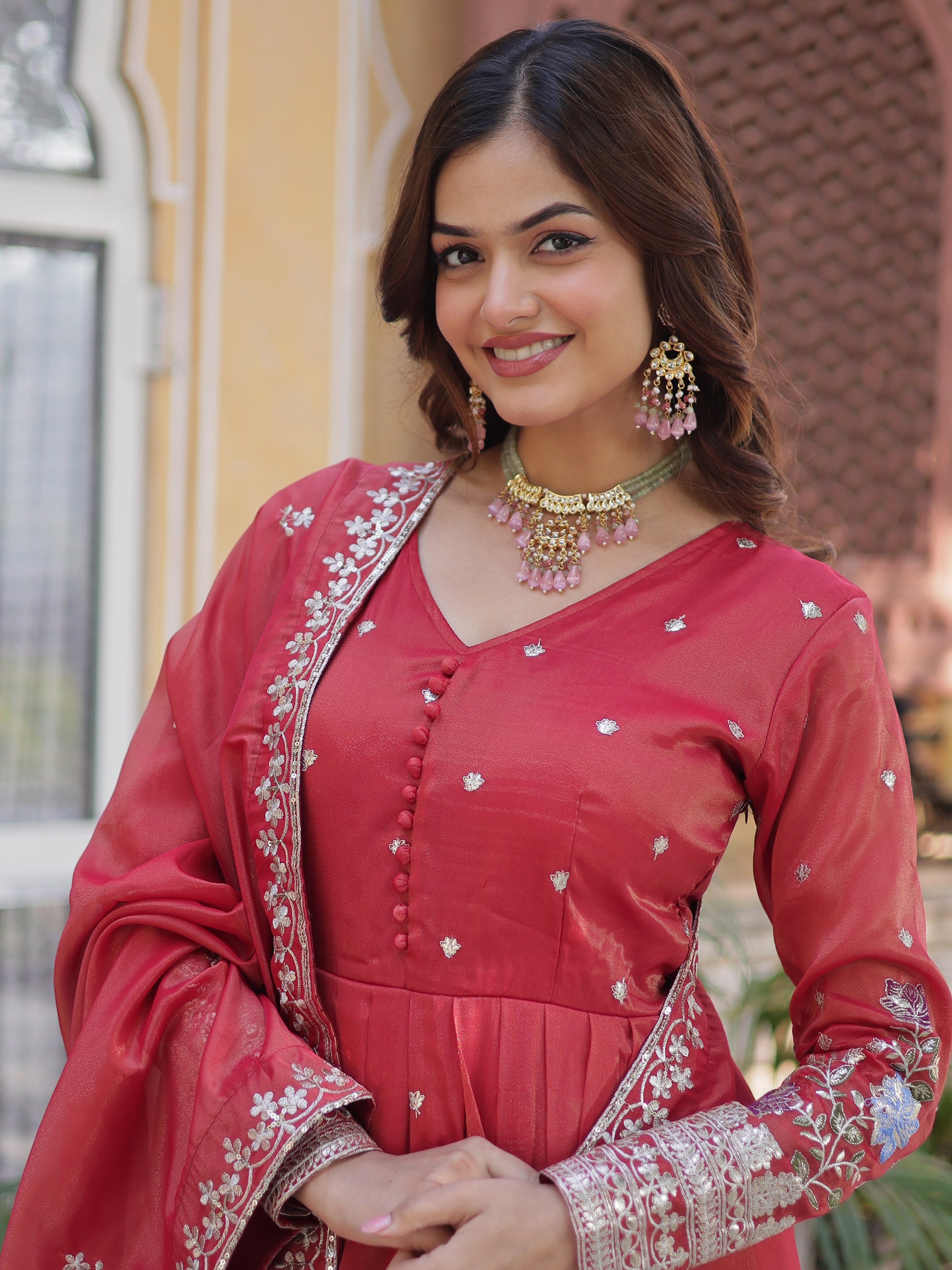 Dazzling Coral Red Zari Work Viscose Festival Wear Gown WithDupatta