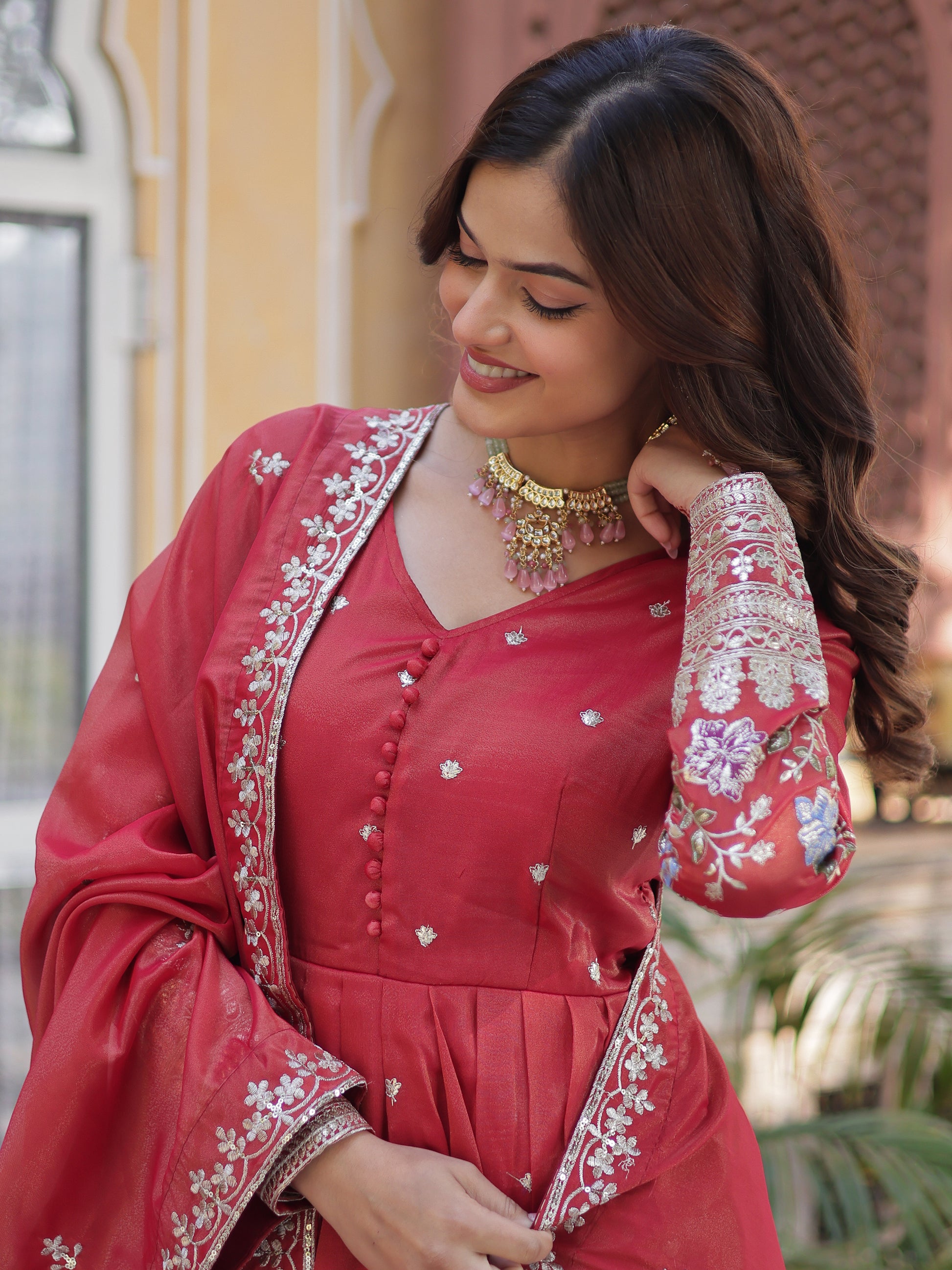 Dazzling Coral Red Zari Work Viscose Festival Wear Gown WithDupatta
