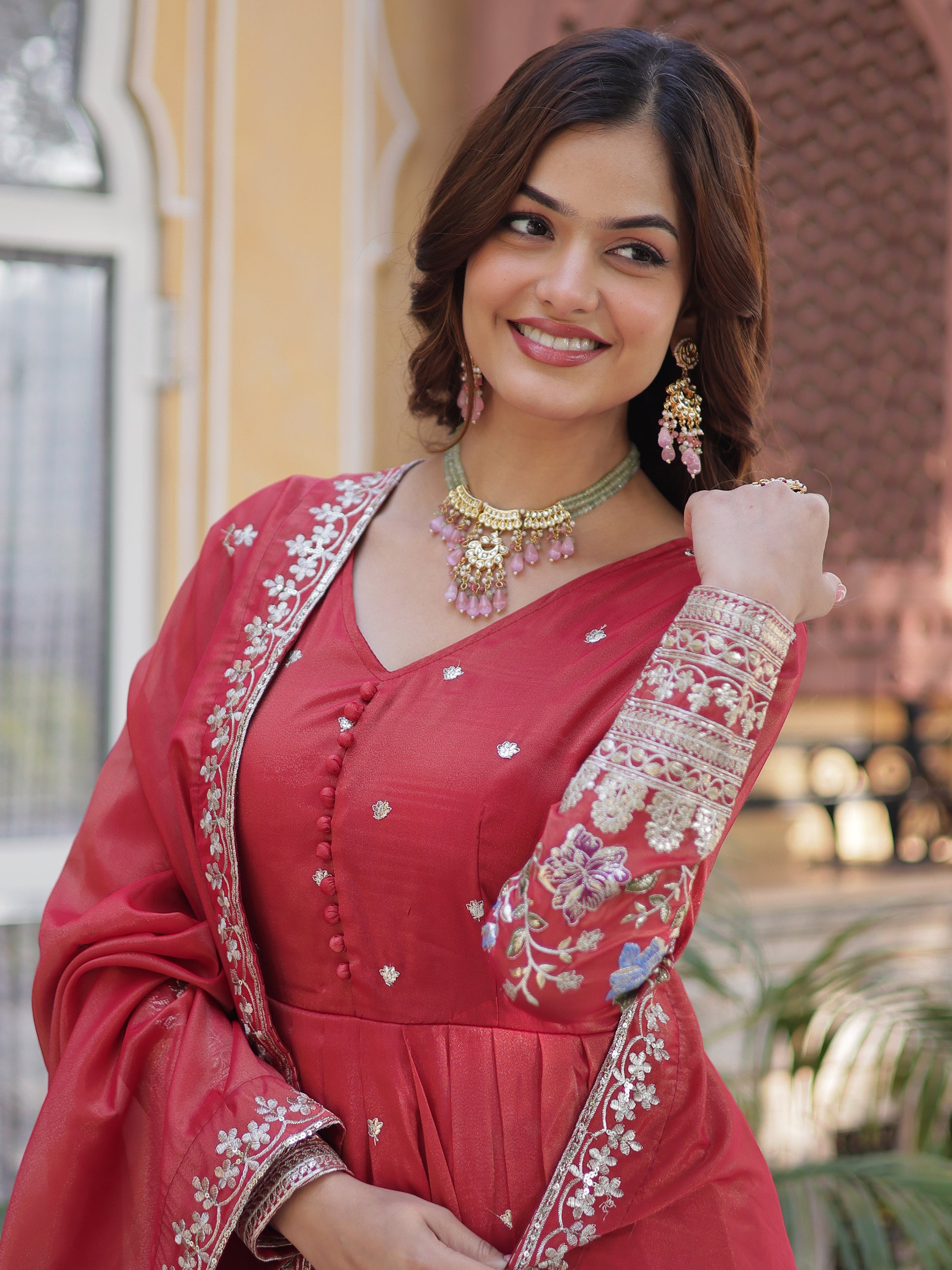 Dazzling Coral Red Zari Work Viscose Festival Wear Gown WithDupatta