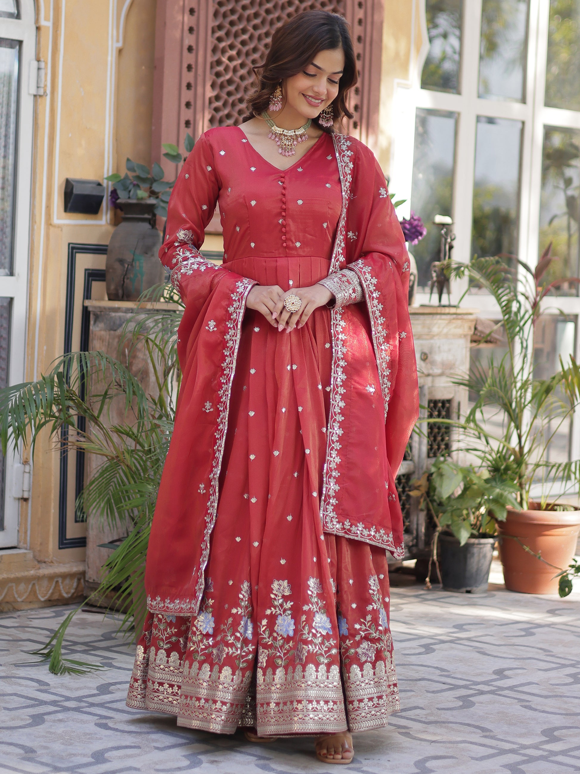 Dazzling Coral Red Zari Work Viscose Festival Wear Gown WithDupatta