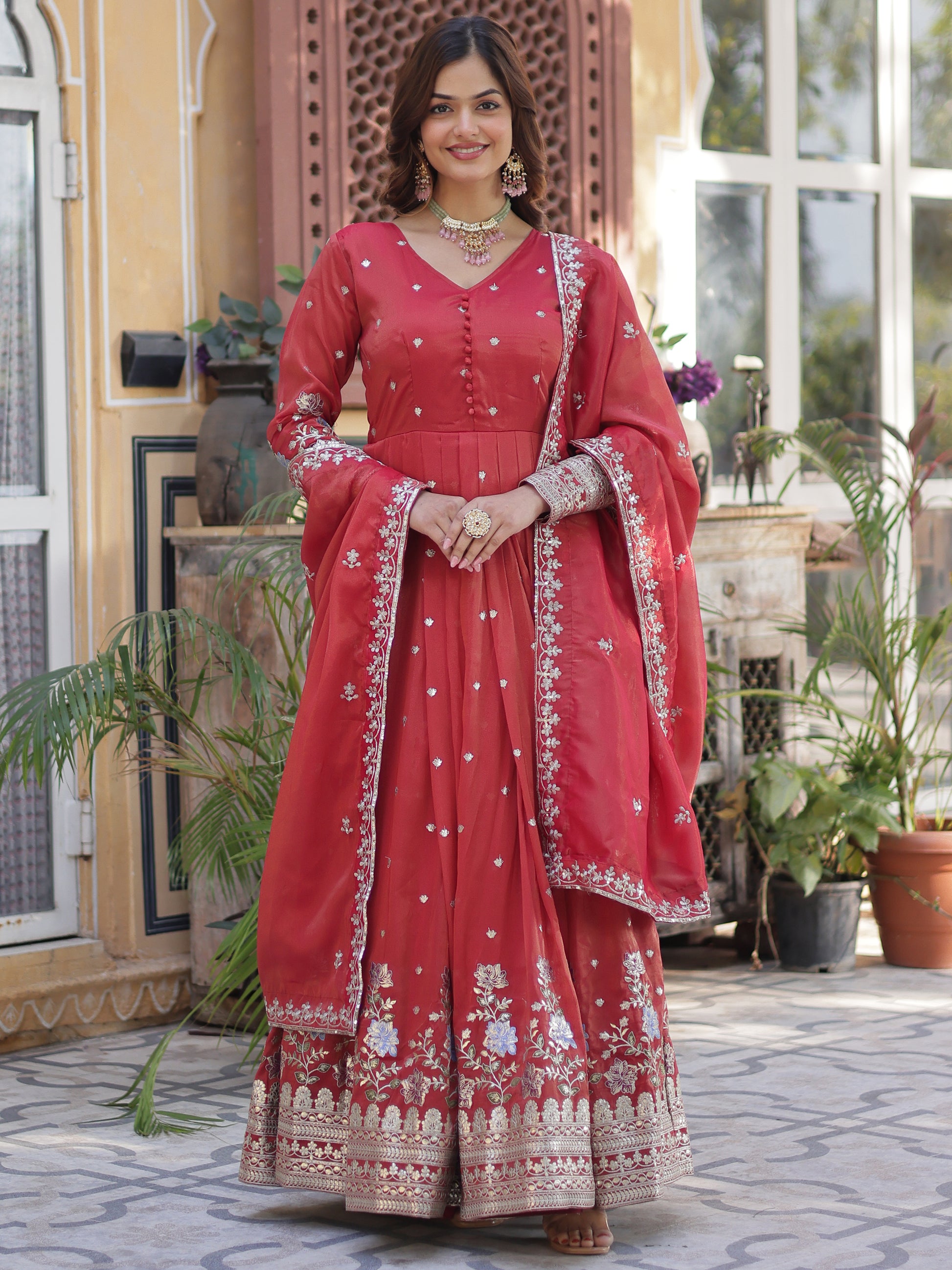 Dazzling Coral Red Zari Work Viscose Festival Wear Gown WithDupatta