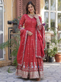 Dazzling Coral Red Zari Work Viscose Festival Wear Gown WithDupatta