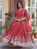 Dazzling Coral Red Zari Work Viscose Festival Wear Gown WithDupatta
