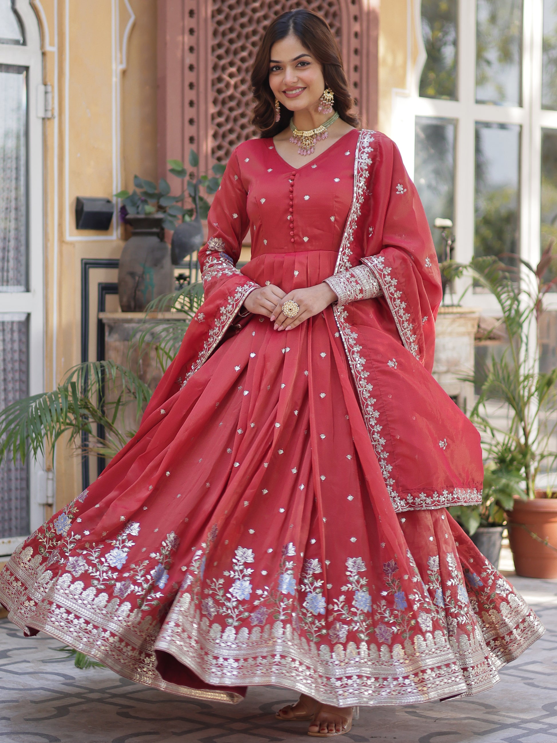Dazzling Coral Red Zari Work Viscose Festival Wear Gown WithDupatta