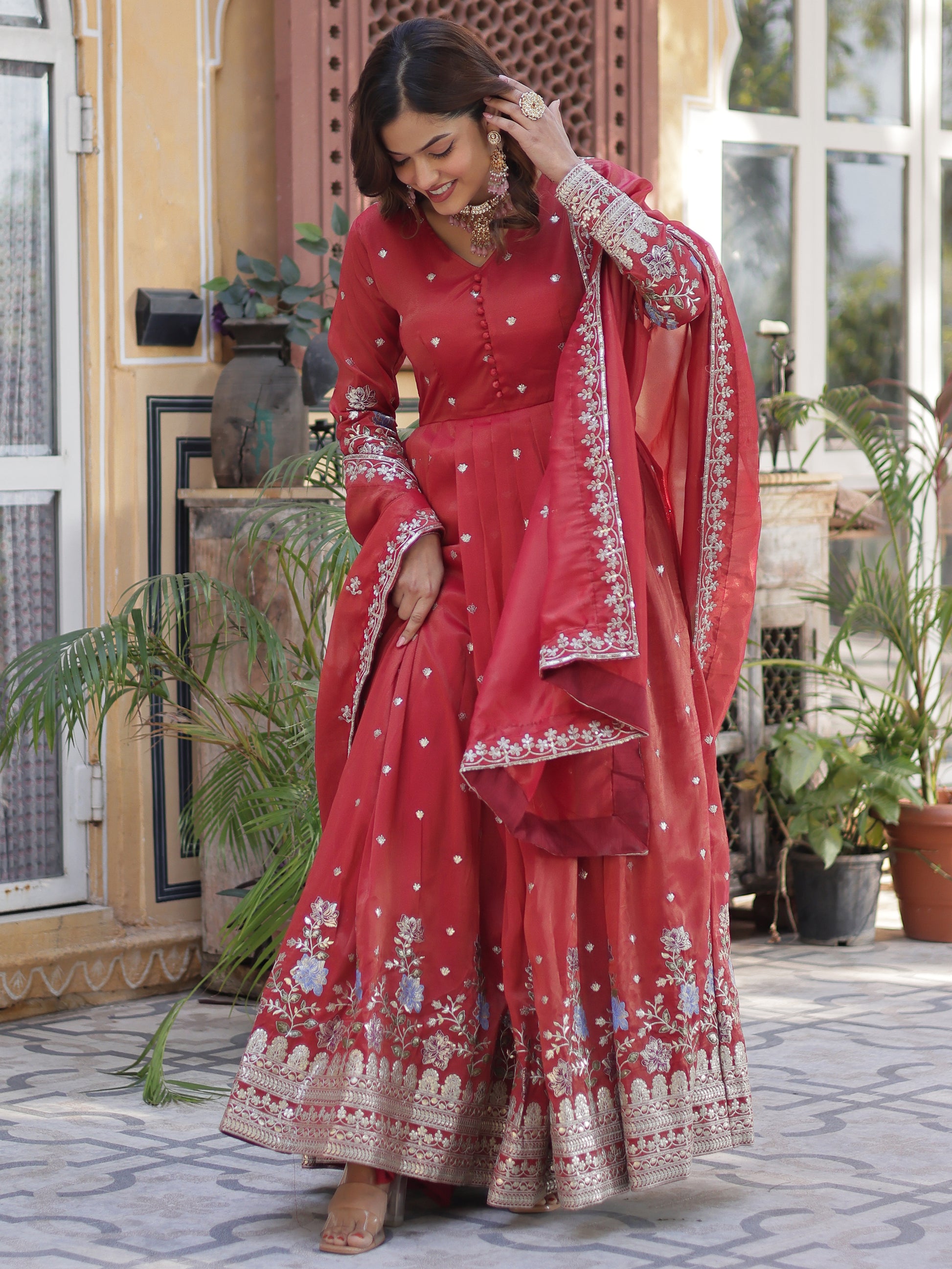 Dazzling Coral Red Zari Work Viscose Festival Wear Gown WithDupatta