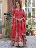 Dazzling Coral Red Zari Work Viscose Festival Wear Gown WithDupatta