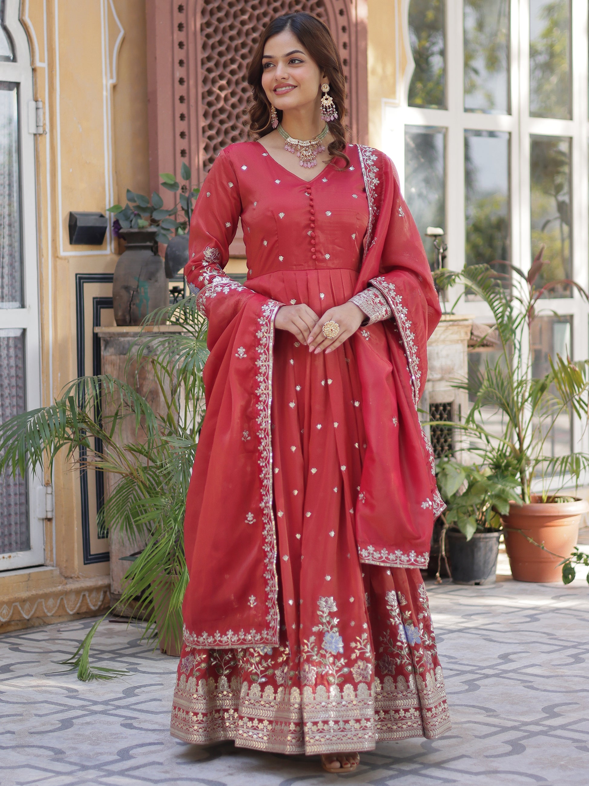 Dazzling Coral Red Zari Work Viscose Festival Wear Gown WithDupatta