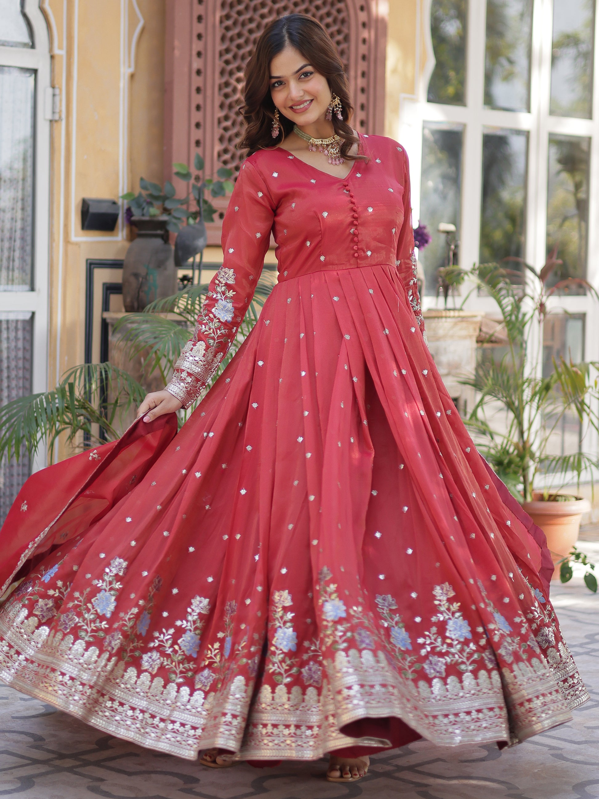 Dazzling Coral Red Zari Work Viscose Festival Wear Gown WithDupatta