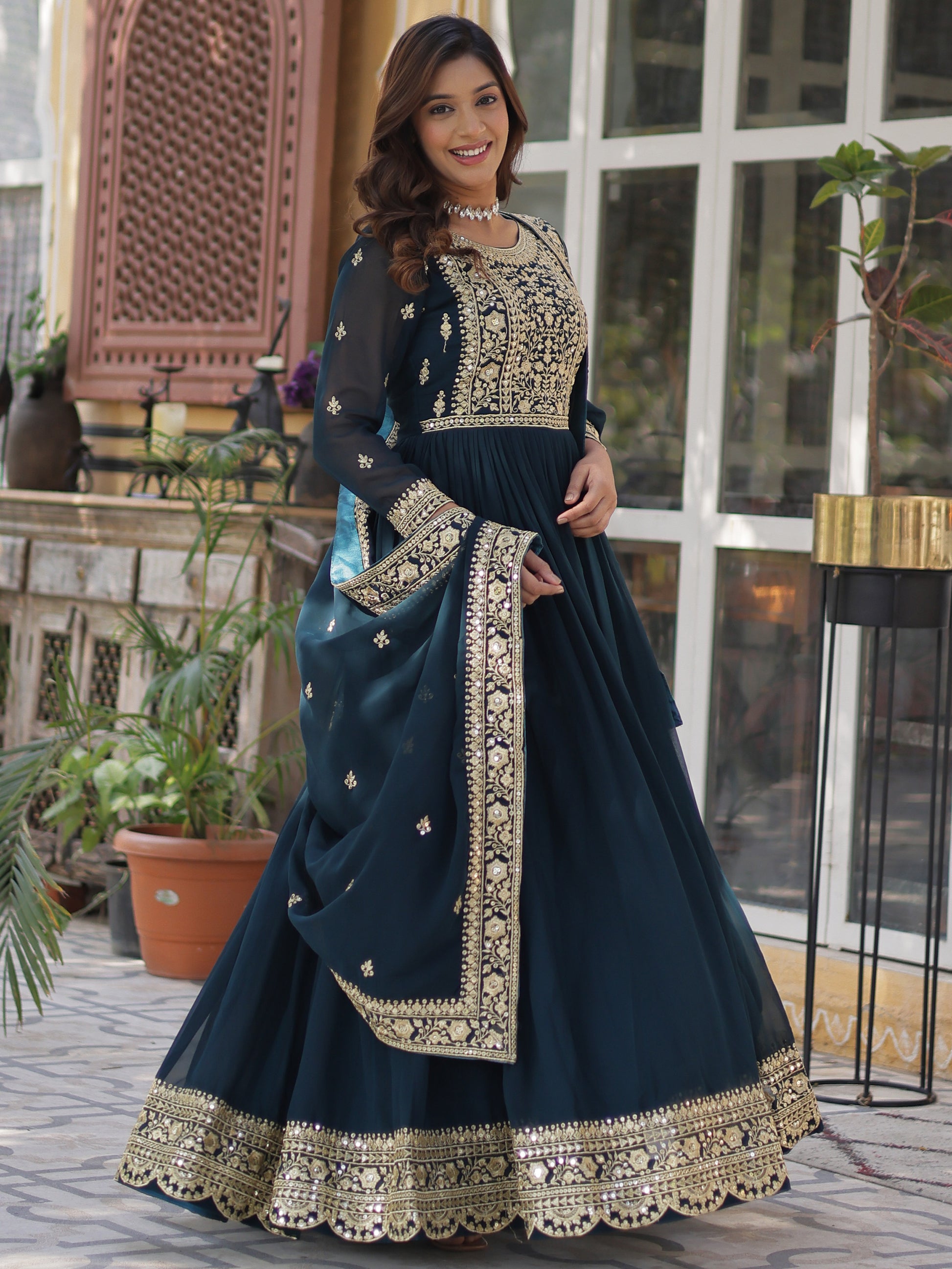 Pretty Teal Blue Zari Embroidered Georgette Gown With Dupatta