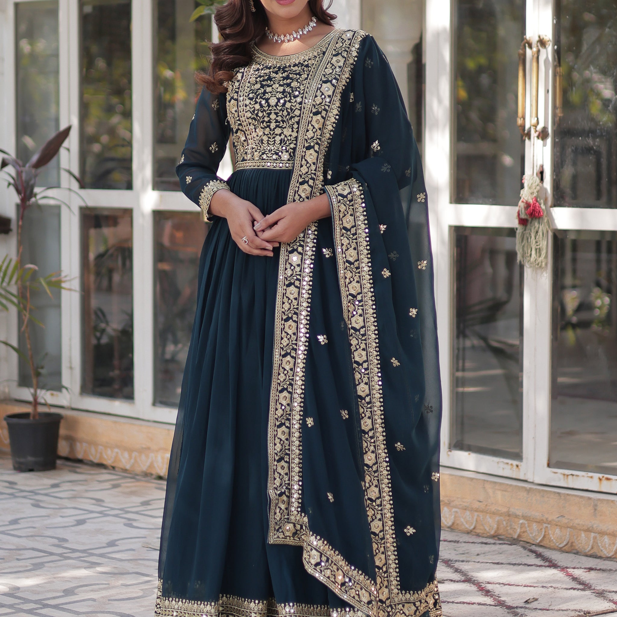 Pretty Teal Blue Zari Embroidered Georgette Gown With Dupatta