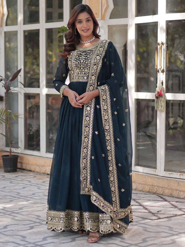 Pretty Teal Blue Zari Embroidered Georgette Gown With Dupatta