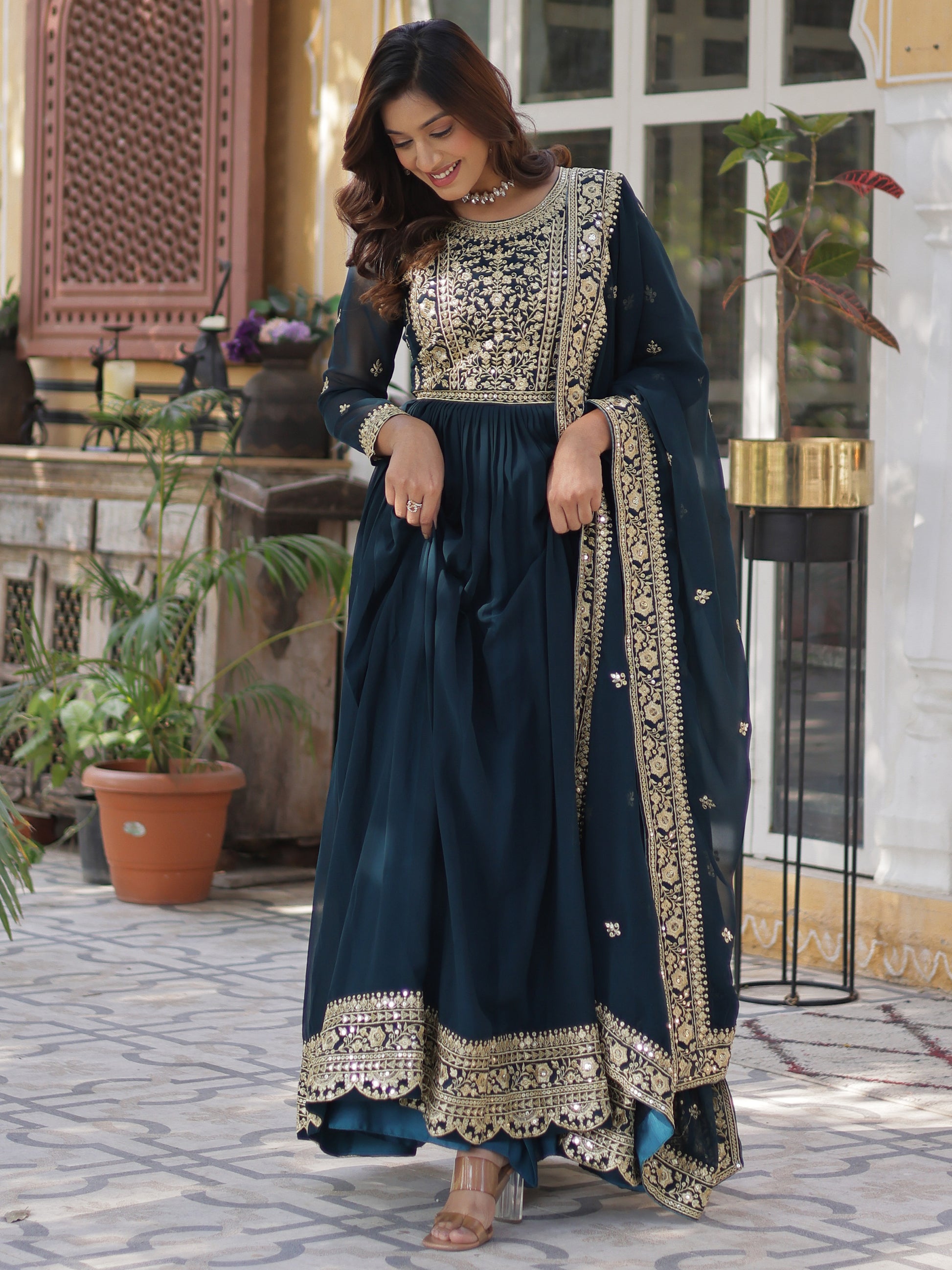 Pretty Teal Blue Zari Embroidered Georgette Gown With Dupatta