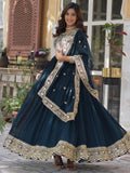 Pretty Teal Blue Zari Embroidered Georgette Gown With Dupatta