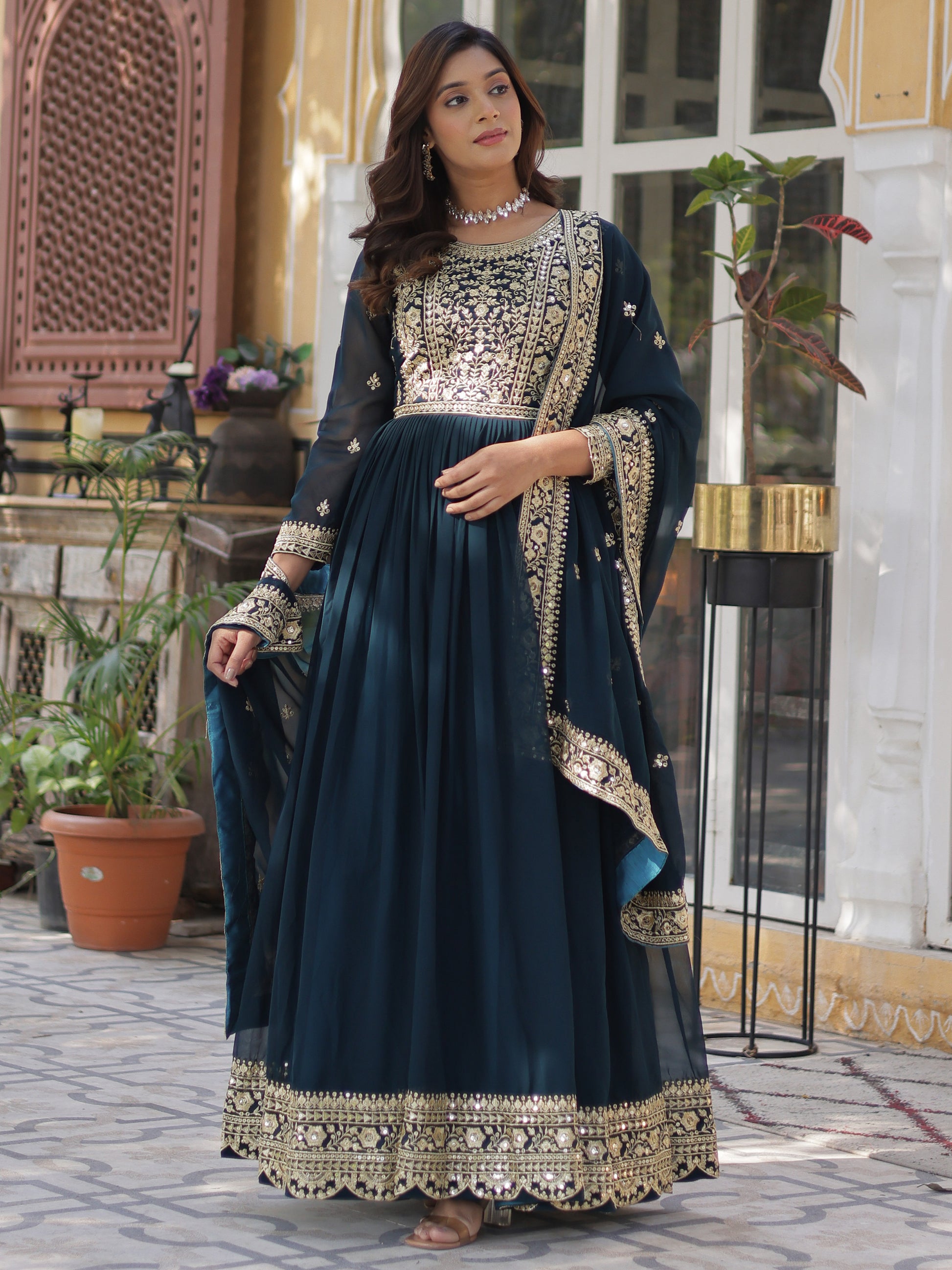 Pretty Teal Blue Zari Embroidered Georgette Gown With Dupatta