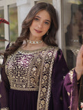 Glamorous Wine Zari Embroidered Georgette Reception Wear Gown