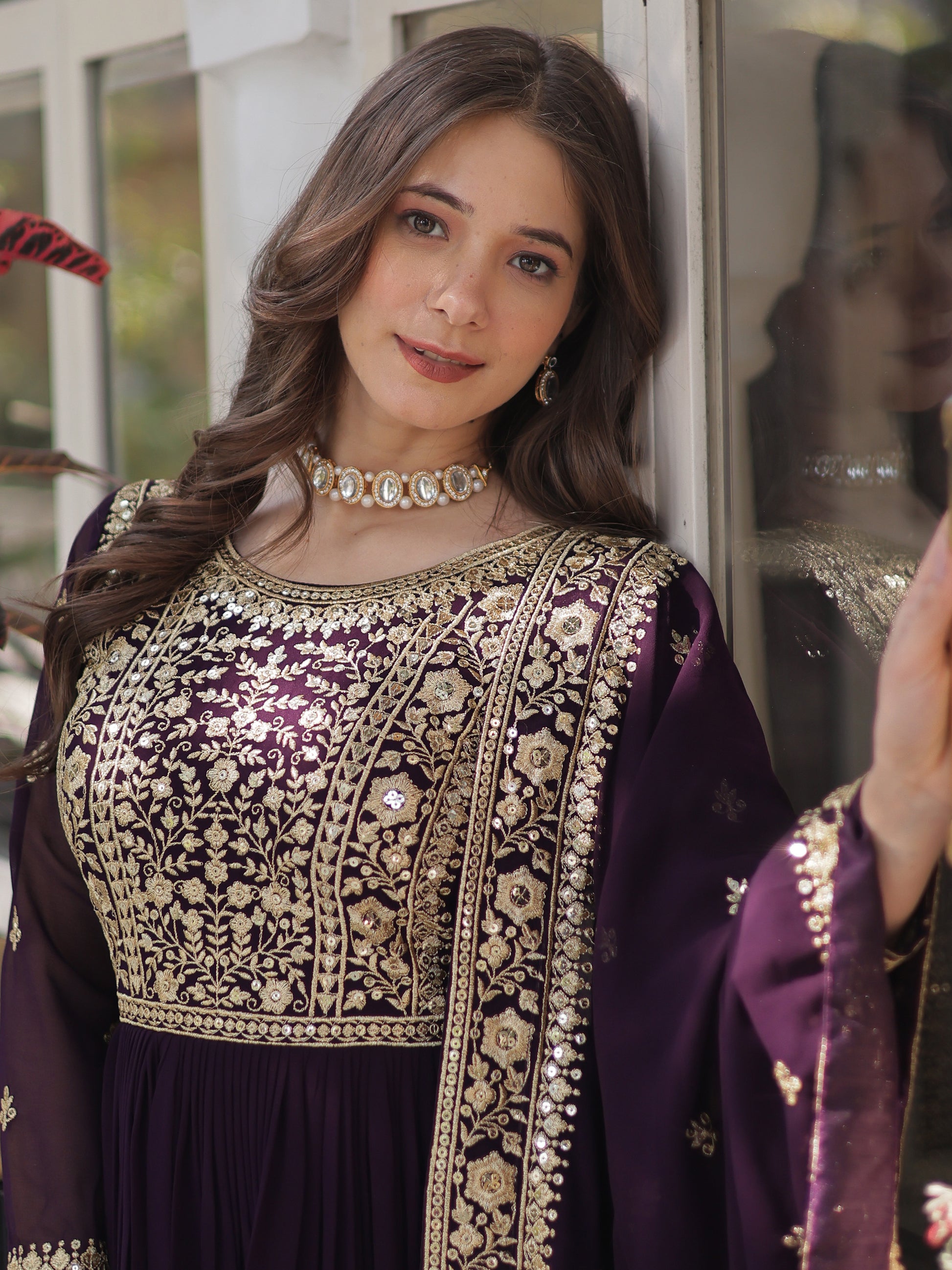 Glamorous Wine Zari Embroidered Georgette Reception Wear Gown