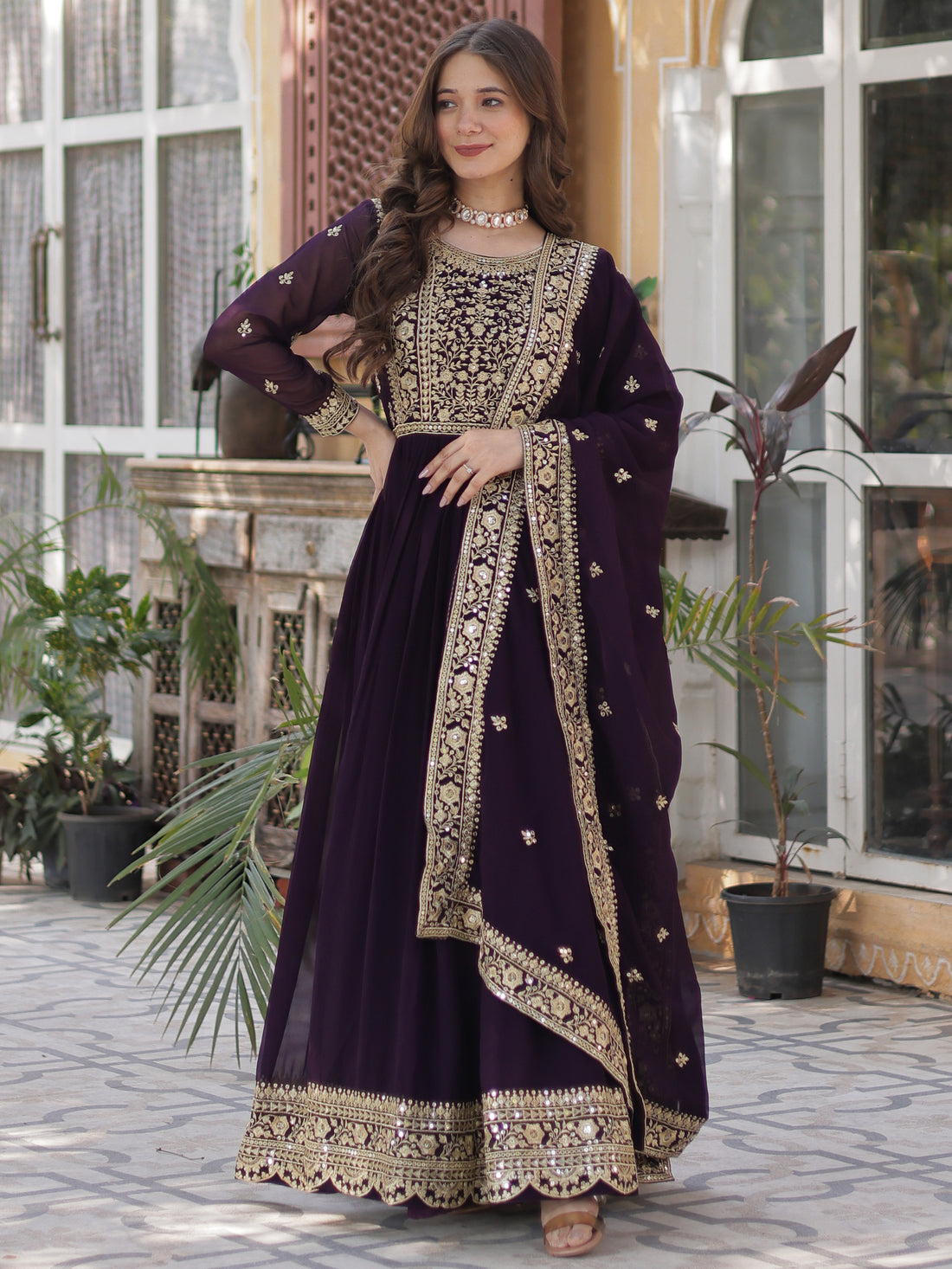 Glamorous Wine Zari Embroidered Georgette Reception Wear Gown