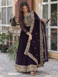 Glamorous Wine Zari Embroidered Georgette Reception Wear Gown