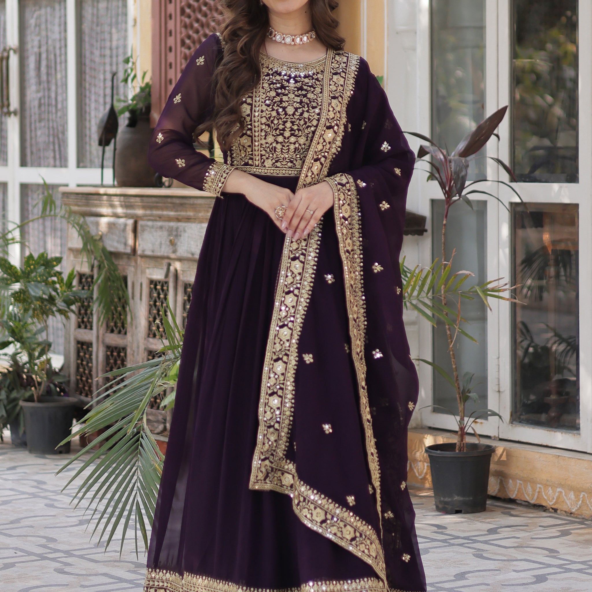 Glamorous Wine Zari Embroidered Georgette Reception Wear Gown