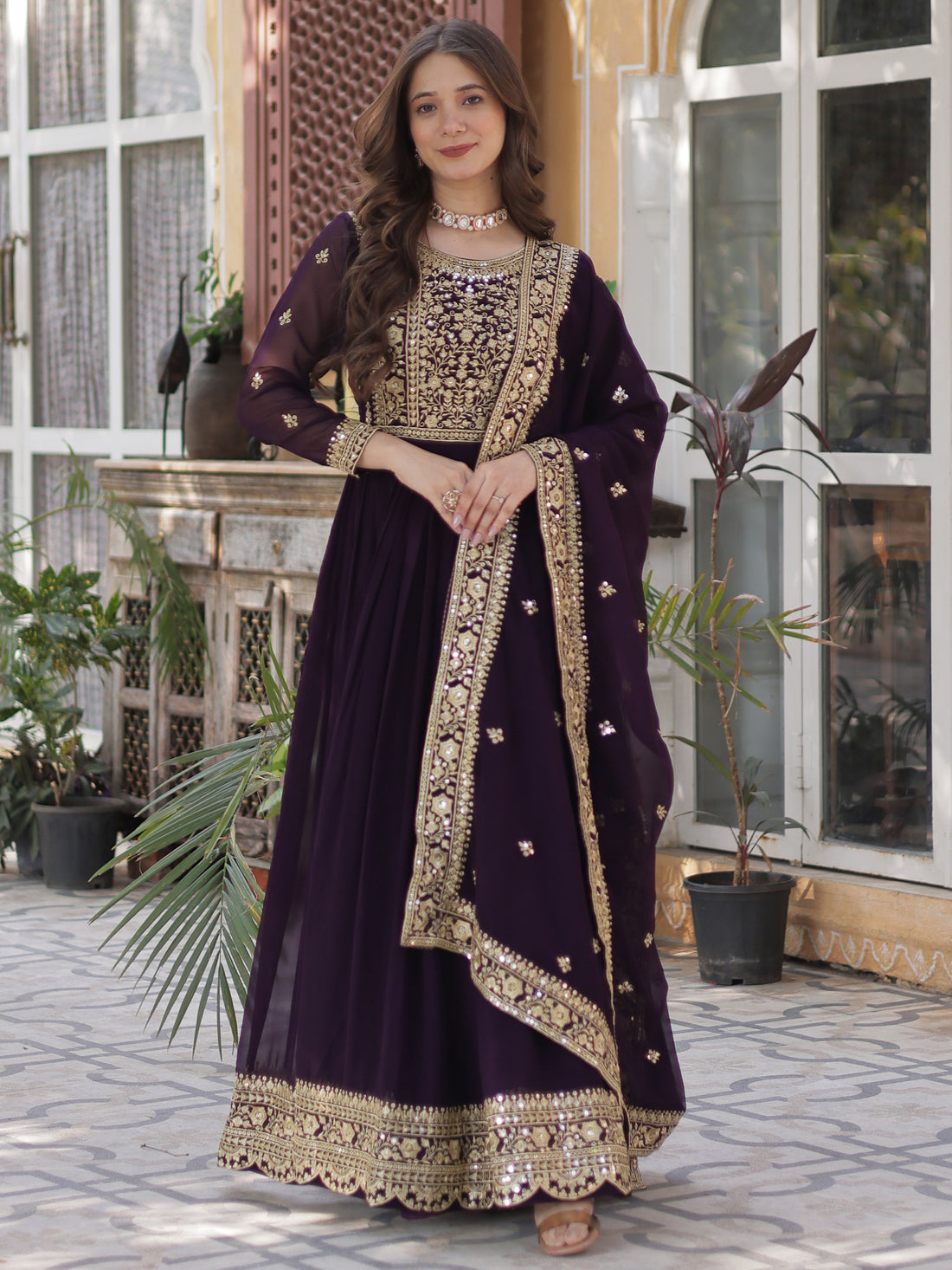 Glamorous Wine Zari Embroidered Georgette Reception Wear Gown