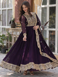 Glamorous Wine Zari Embroidered Georgette Reception Wear Gown