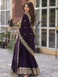 Glamorous Wine Zari Embroidered Georgette Reception Wear Gown