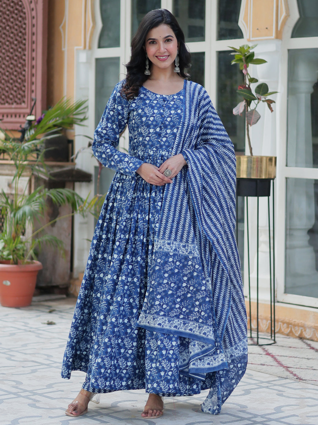 Tantalizing Blue Printed Cotton Casual Wear Gown With Dupatta