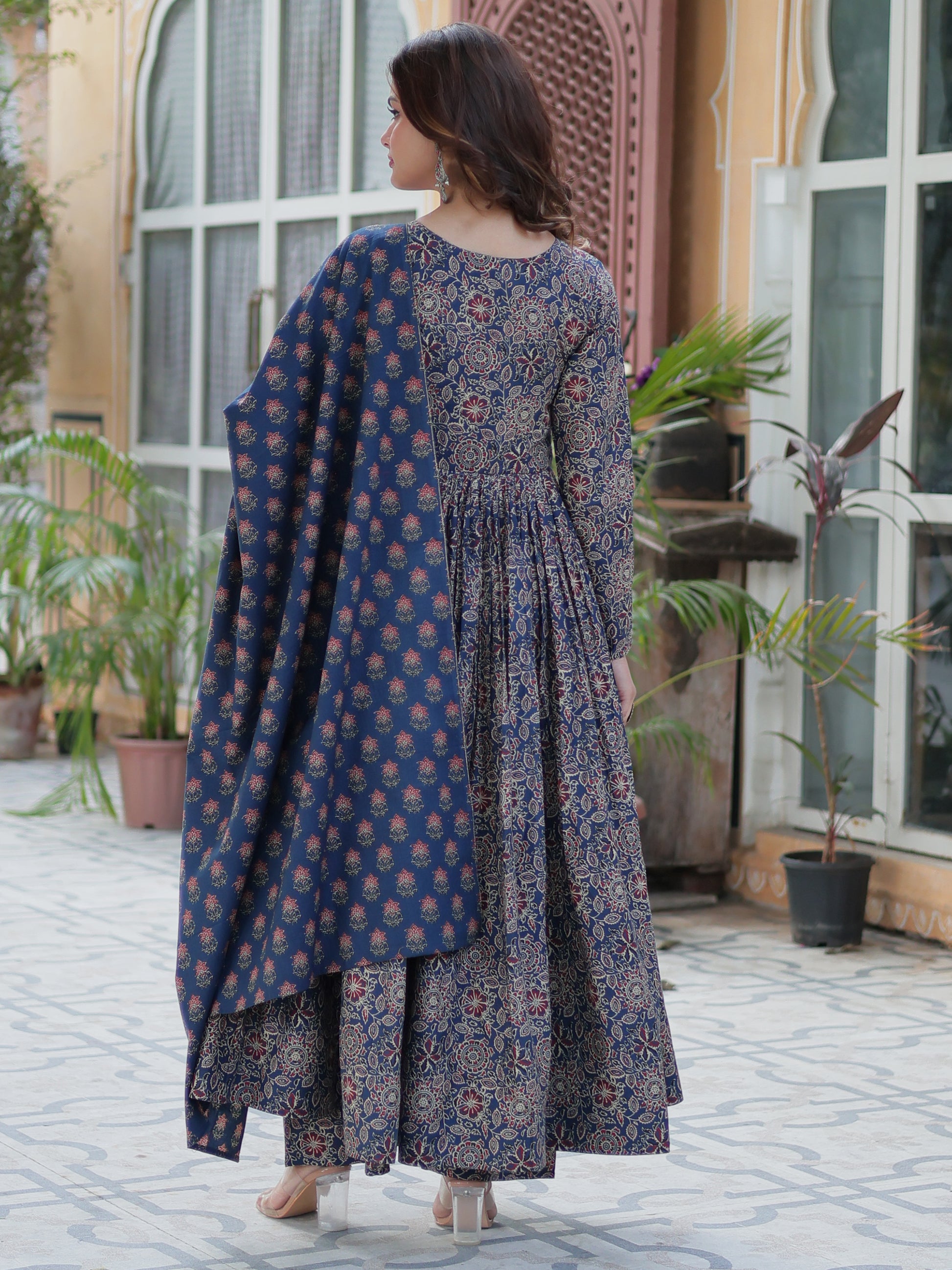 Gorgeous Navy Blue Digital Printed Cotton Traditional Anarkali Suit