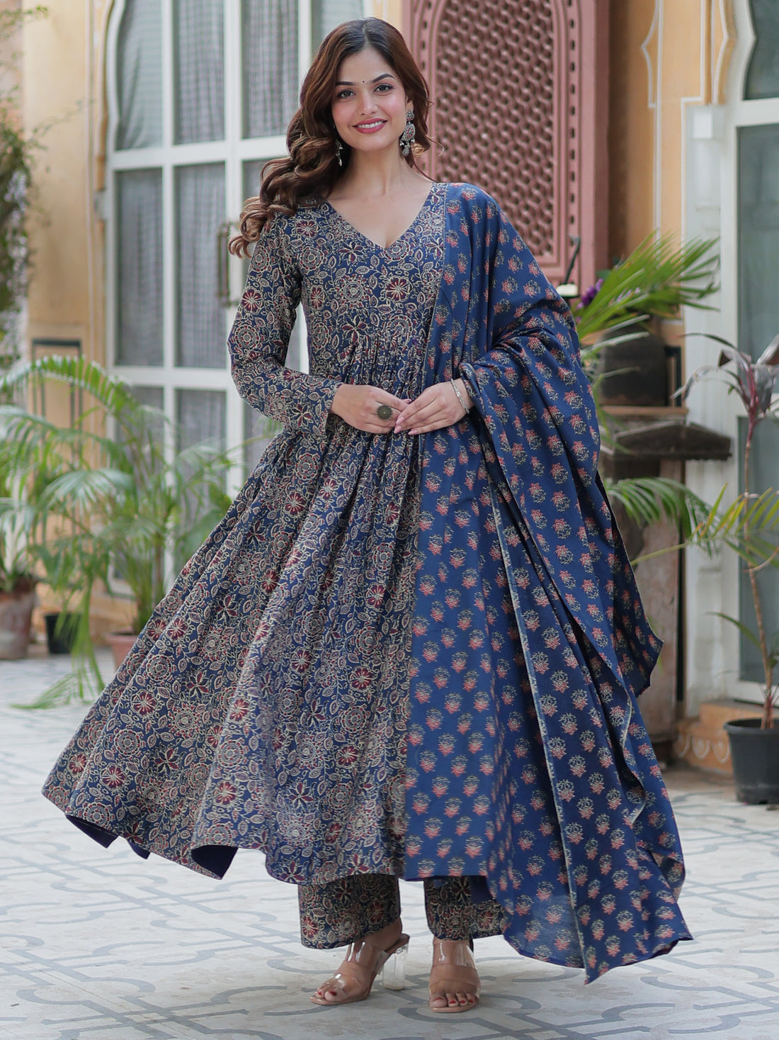 Gorgeous Navy Blue Digital Printed Cotton Traditional Anarkali Suit