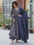 Gorgeous Navy Blue Digital Printed Cotton Traditional Anarkali Suit
