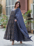 Gorgeous Navy Blue Digital Printed Cotton Traditional Anarkali Suit