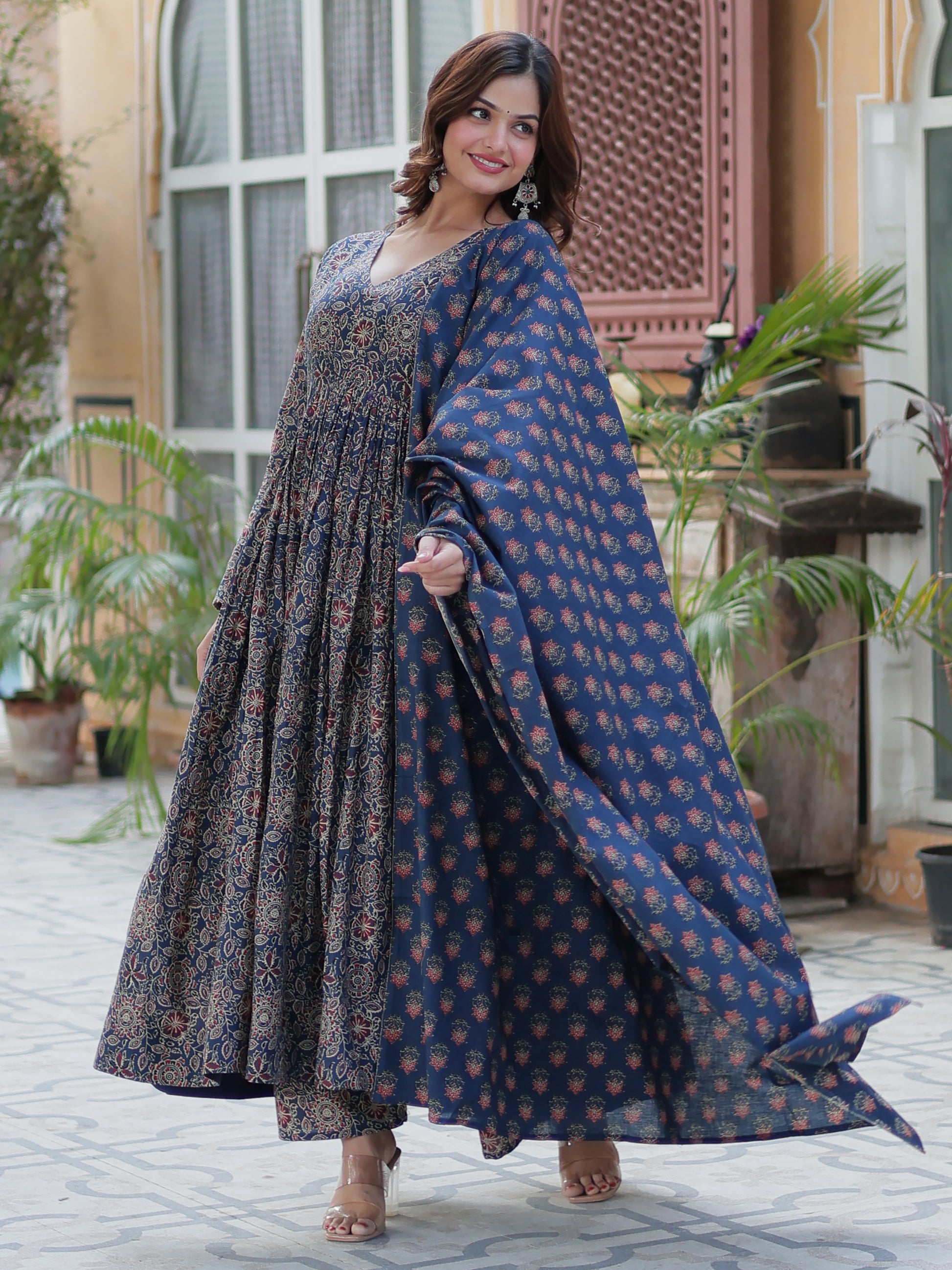 Gorgeous Navy Blue Digital Printed Cotton Traditional Anarkali Suit
