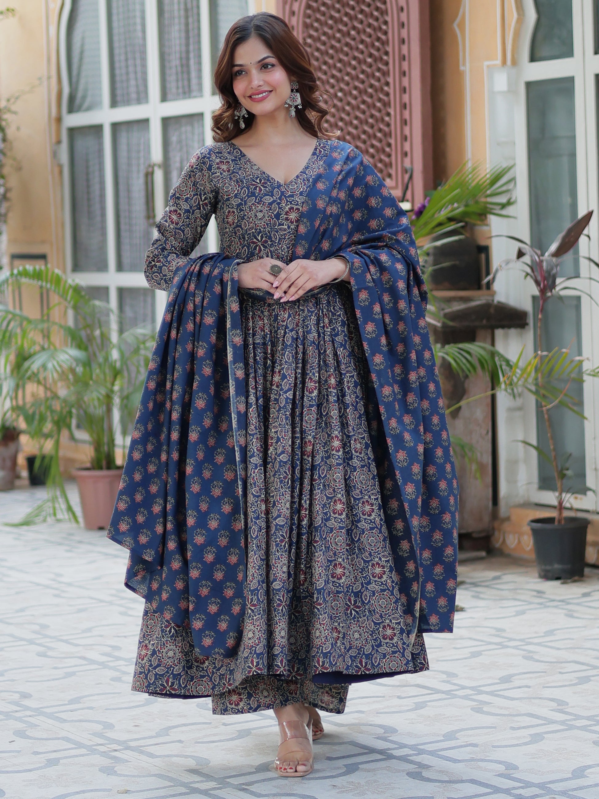 Gorgeous Navy Blue Digital Printed Cotton Traditional Anarkali Suit