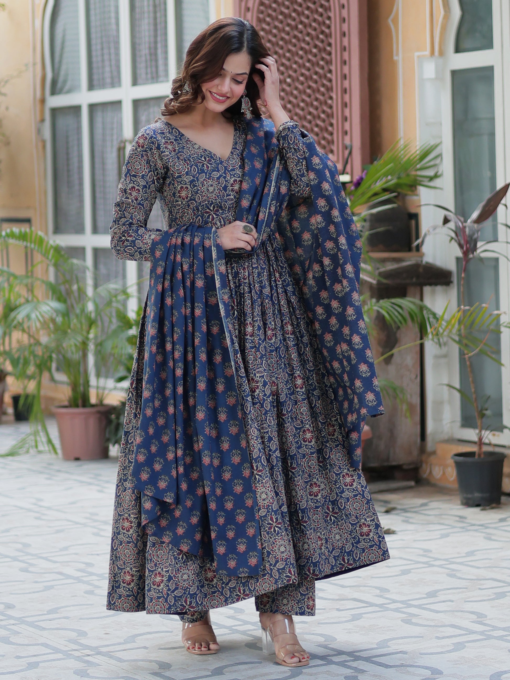 Gorgeous Navy Blue Digital Printed Cotton Traditional Anarkali Suit