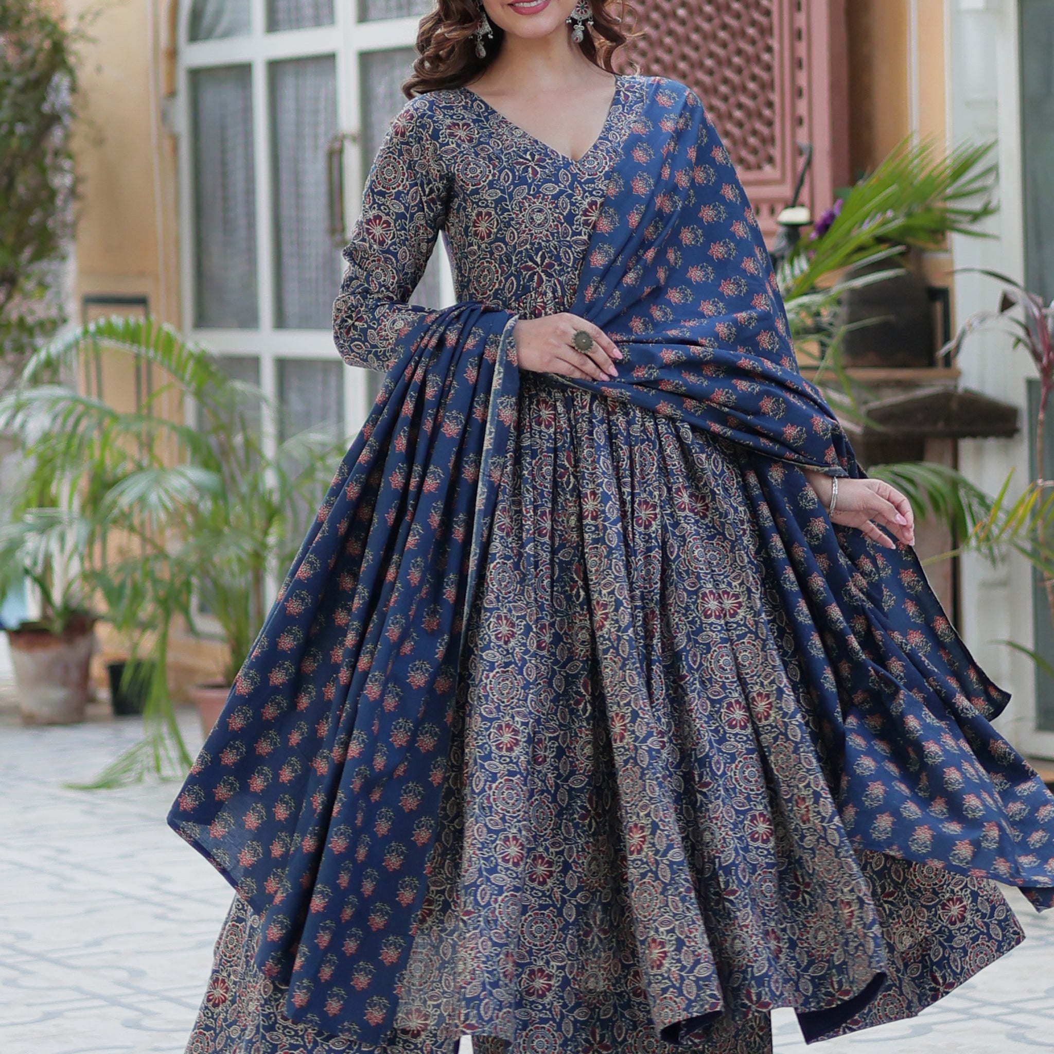 Gorgeous Navy Blue Digital Printed Cotton Traditional Anarkali Suit
