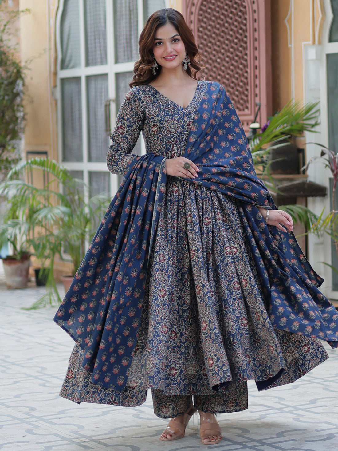 Gorgeous Navy Blue Digital Printed Cotton Traditional Anarkali Suit