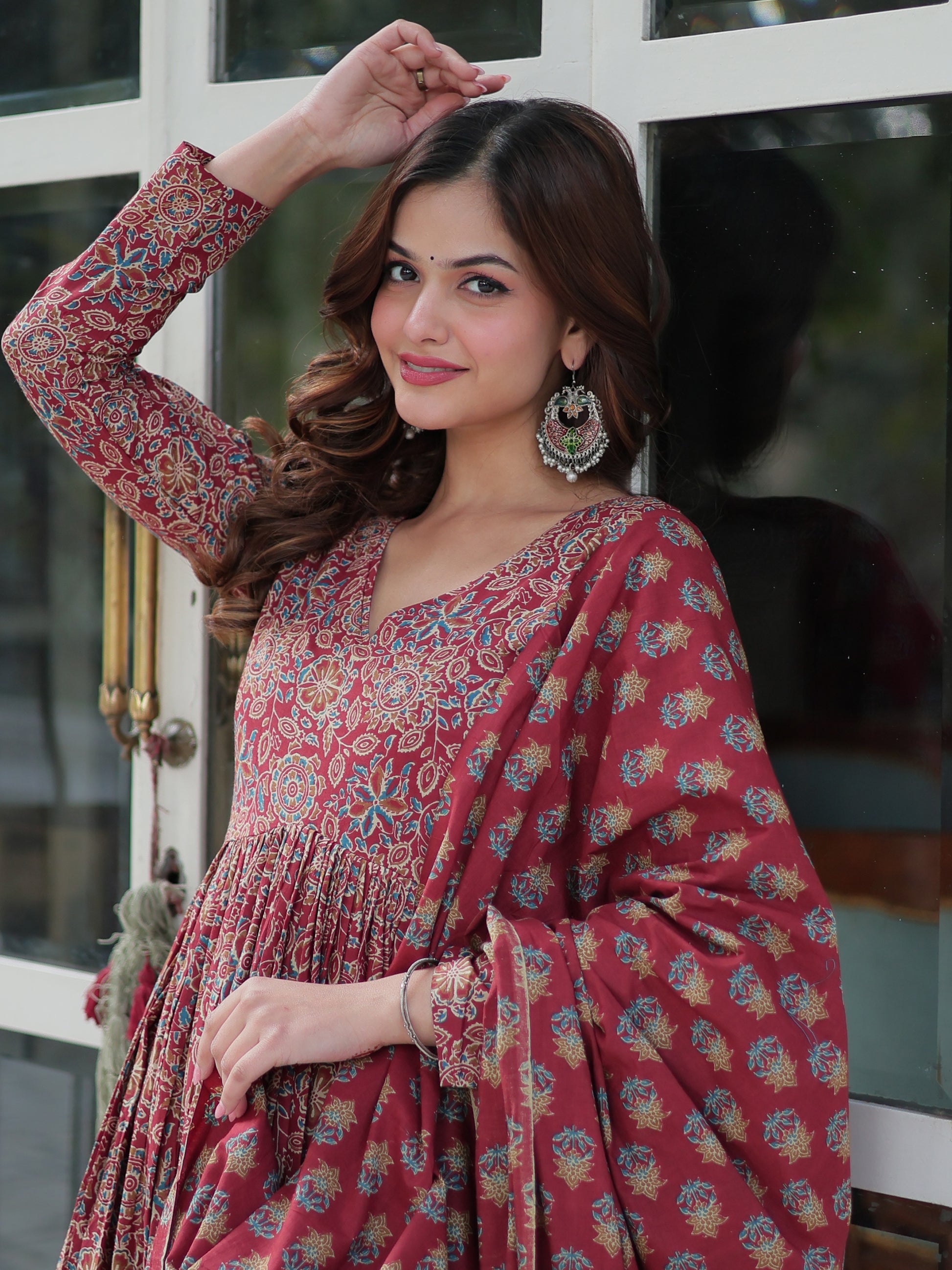 Enchanting Maroon Digital Printed Cotton Festival Wear Anarkali Suit