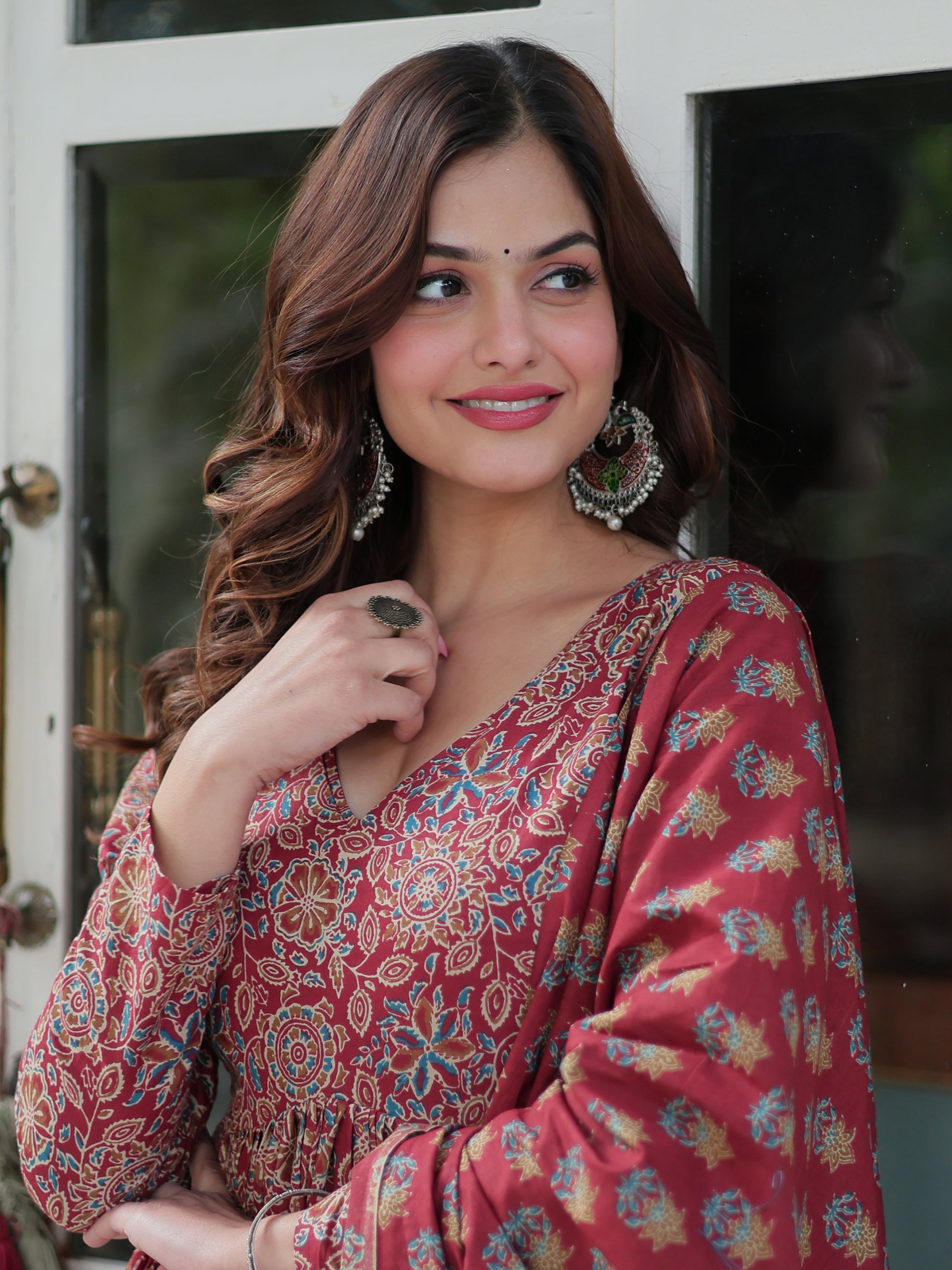Enchanting Maroon Digital Printed Cotton Festival Wear Anarkali Suit