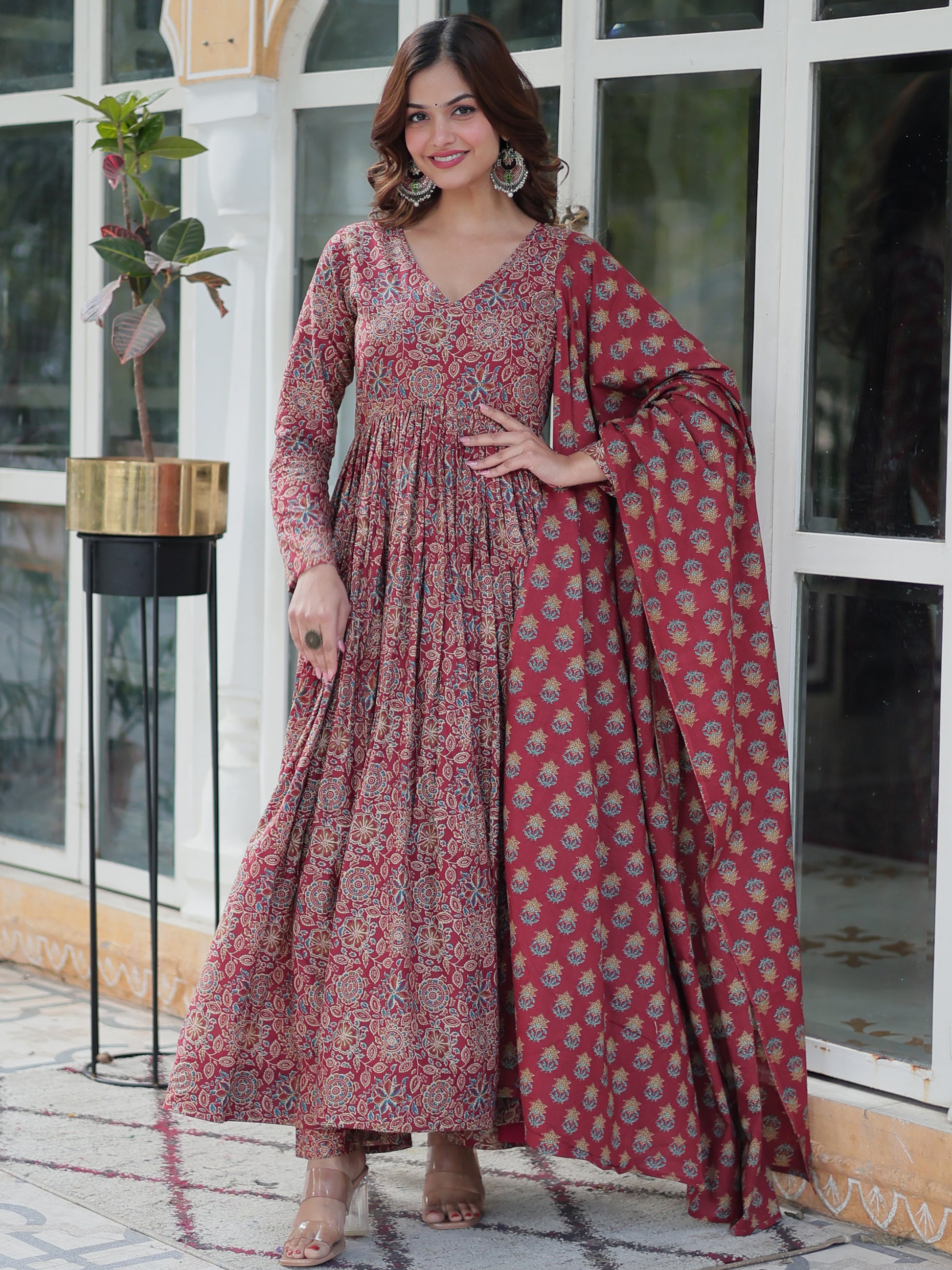Enchanting Maroon Digital Printed Cotton Festival Wear Anarkali Suit