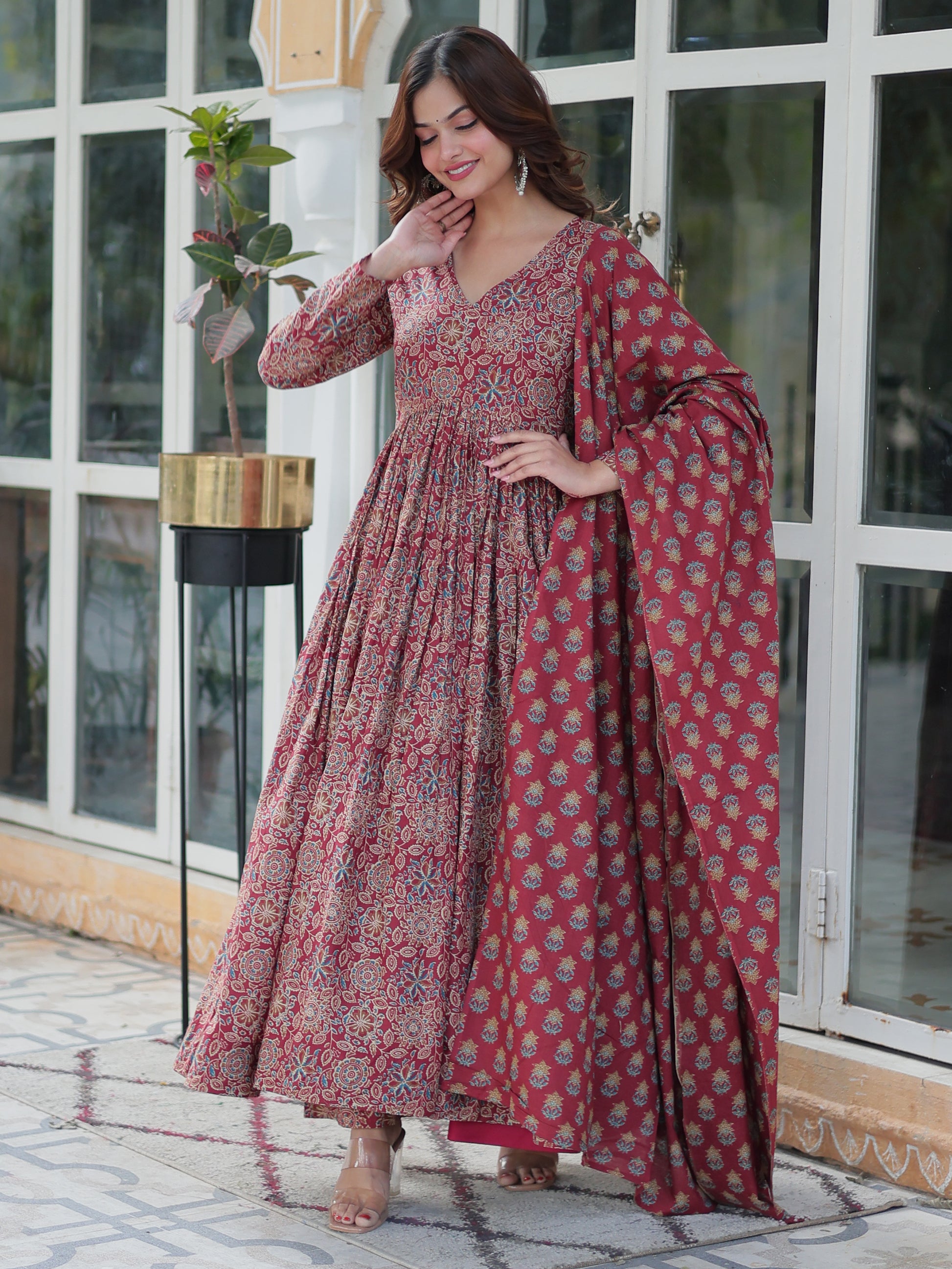 Enchanting Maroon Digital Printed Cotton Festival Wear Anarkali Suit