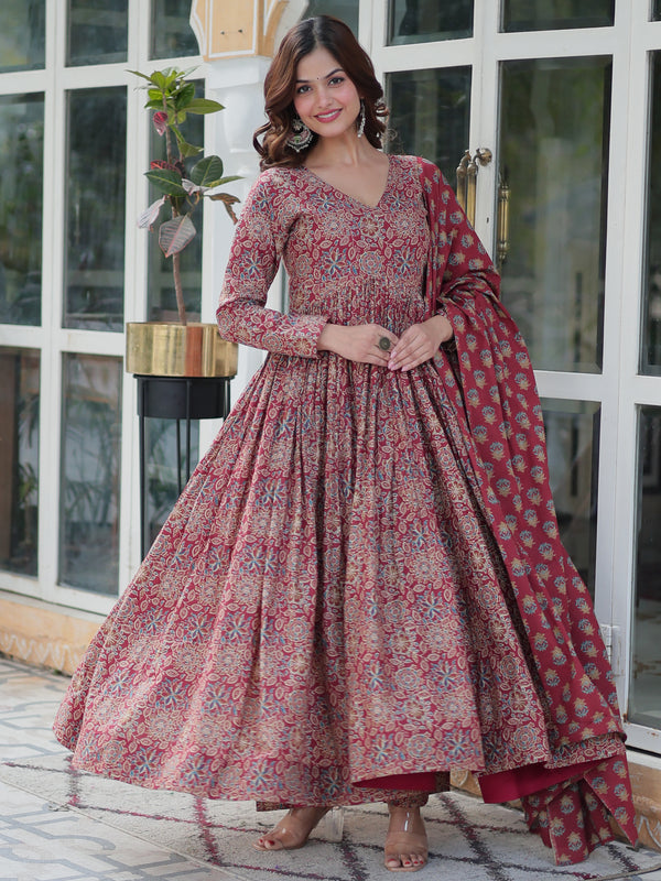 Enchanting Maroon Digital Printed Cotton Festival Wear Anarkali Suit