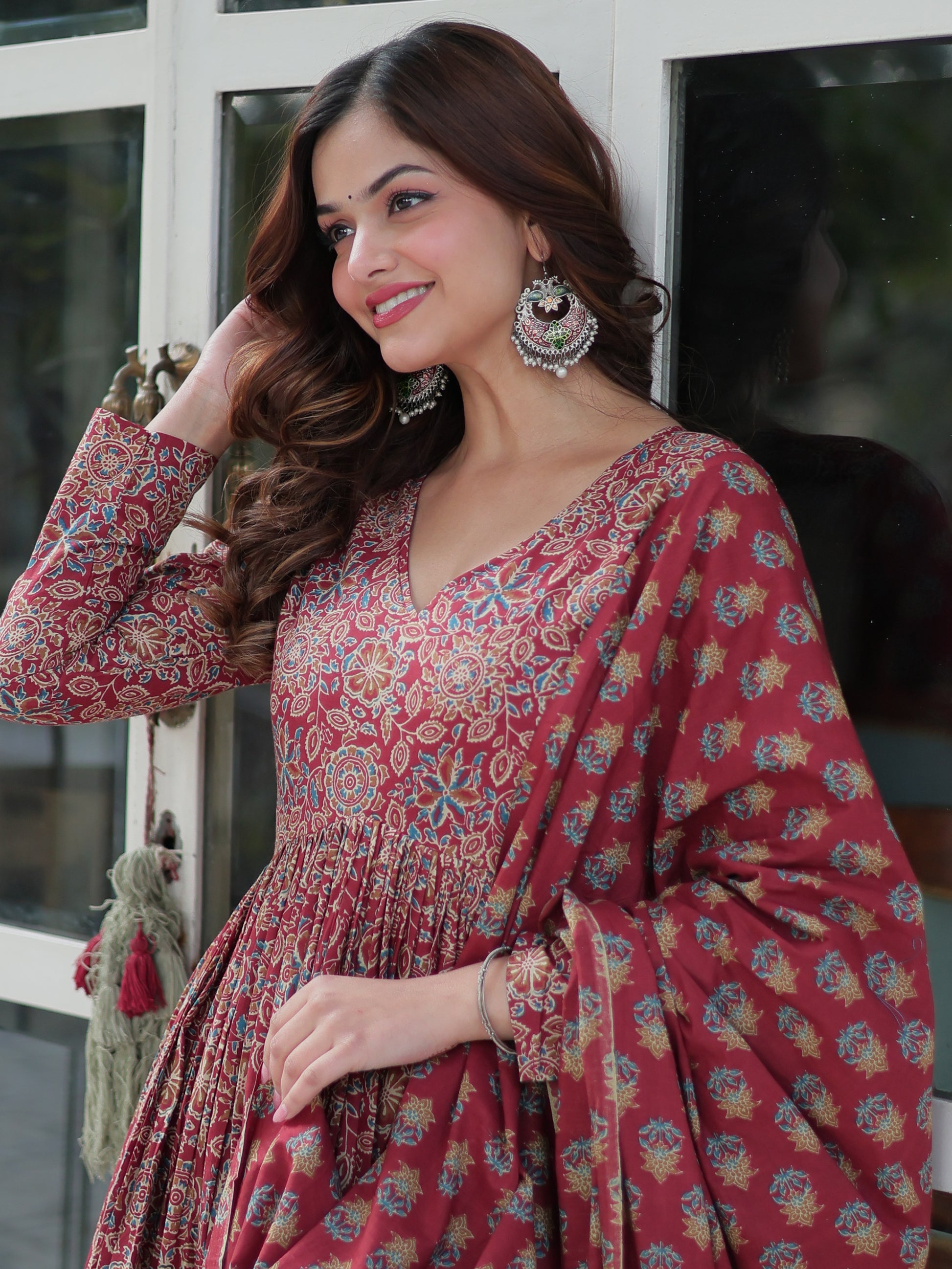 Enchanting Maroon Digital Printed Cotton Festival Wear Anarkali Suit